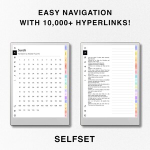 May include: A digital planner with a colorful grid on the right side and a list of numbers on the left side. The text "Surah" and "Translation by Abdullah Yusuf Ali" is at the top of the page. The text "EASY NAVIGATION WITH 10,000+ HYPERLINKS!" is at the top of the image. The text "SELFSET" is at the bottom of the image.