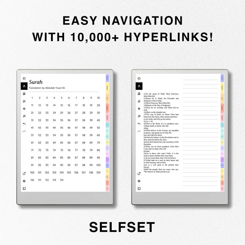 May include: A digital planner with a colorful grid on the right side and a list of numbers on the left side. The text "Surah" and "Translation by Abdullah Yusuf Ali" is at the top of the page. The text "EASY NAVIGATION WITH 10,000+ HYPERLINKS!" is at the top of the image. The text "SELFSET" is at the bottom of the image.