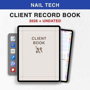 Digital klientjournalbok 2026 för nageltekniker, Goodnotes odaterad klientspårare, tidsbok för nageltekniker, klientjournal för nageltekniker