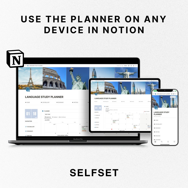 May include: A screenshot showing a language study planner on a laptop, tablet, and phone. The planner is designed to be used on any device in Notion. The planner has a calendar, a list of tasks, and a section for notes. The text on the screen says "Language Study Planner".