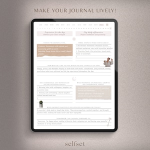 May include: A digital journal page with a light brown background and a light blue calendar at the top. The page is filled with prompts for self-reflection and personal growth. The text "Make Your Journal Lively!" is at the top of the page.