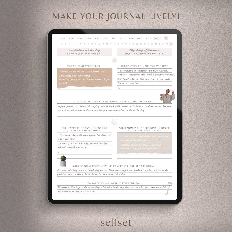 May include: A digital journal page with a light brown background and a light blue calendar at the top. The page is filled with prompts for self-reflection and personal growth. The text "Make Your Journal Lively!" is at the top of the page.