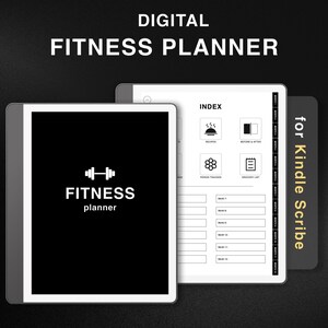 Könnte beinhalten: Ein digitaler Fitness-Planer für Kindle Scribe. Das Cover zeigt ein schwarz-weißes Hantel-Symbol mit dem Text "FITNESS planner". Im Inneren befindet sich ein Index mit Abschnitten für Rezepte, Vorher-Nachher-Fotos, einen Fortschritts-Tracker und eine Einkaufsliste.