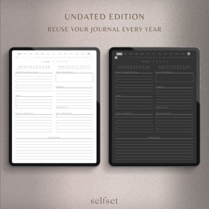 May include: Two digital planners, one white and one black, with a calendar, daily gratitude, daily affirmations, workout, meals, steps count, self-care ritual, and reflections sections. The text "UNDATED EDITION" and "REUSE YOUR JOURNAL EVERY YEAR" is at the top of the image.