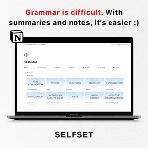 May include: A screenshot of a laptop screen showing a website with the title "Grammar" and a grid of blue boxes with topics like "Verb Conjugation", "Tenses", "Questions", "Modality", "Capitalization", "Punctuation", "Active and Passive Voice", "Rules", "Noun Gender", and "Negative Constructions". The website is called "Selfset".