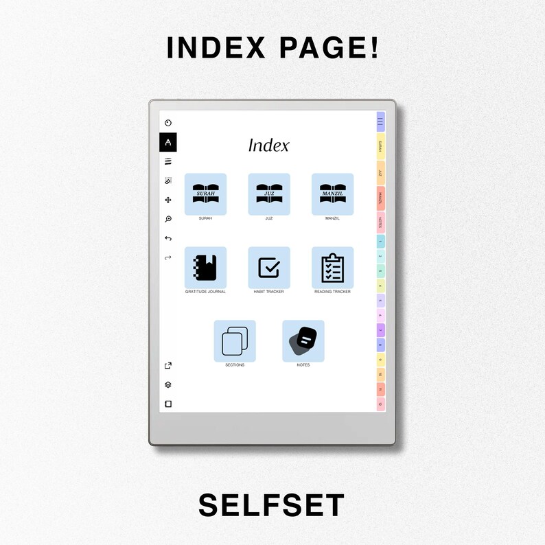 May include: A digital planner app interface with the title "Index" and icons for different sections, including "Surah", "Juz", "Manzil", "Gratitude Journal", "Habit Tracker", "Reading Tracker", "Sections", and "Notes".