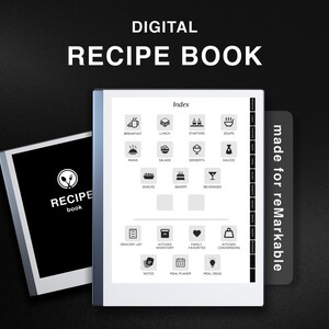 May include: A white digital recipe book with a black cover and a black and white index page. The index page has icons for different categories of recipes, such as breakfast, lunch, dinner, snacks, desserts, and drinks. The book is made for the reMarkable tablet.
