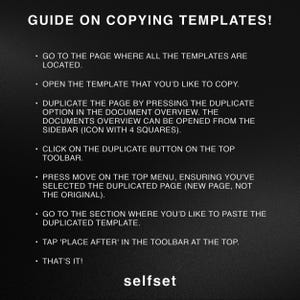 Puede incluir: Una gu&iacute;a en blanco y negro sobre c&oacute;mo copiar plantillas en un programa de software. La gu&iacute;a incluye una lista de pasos con vi&ntilde;etas y el texto "GUIDE ON COPYING TEMPLATES!" en la parte superior. El texto "selfset" est&aacute; en la parte inferior de la imagen.