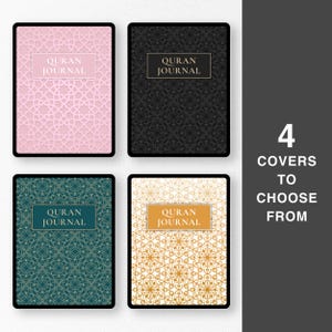 Peut inclure: Quatre designs de couverture diff&eacute;rents pour un journal du Coran. Les couvertures pr&eacute;sentent des motifs g&eacute;om&eacute;triques complexes en rose, noir, vert et or.