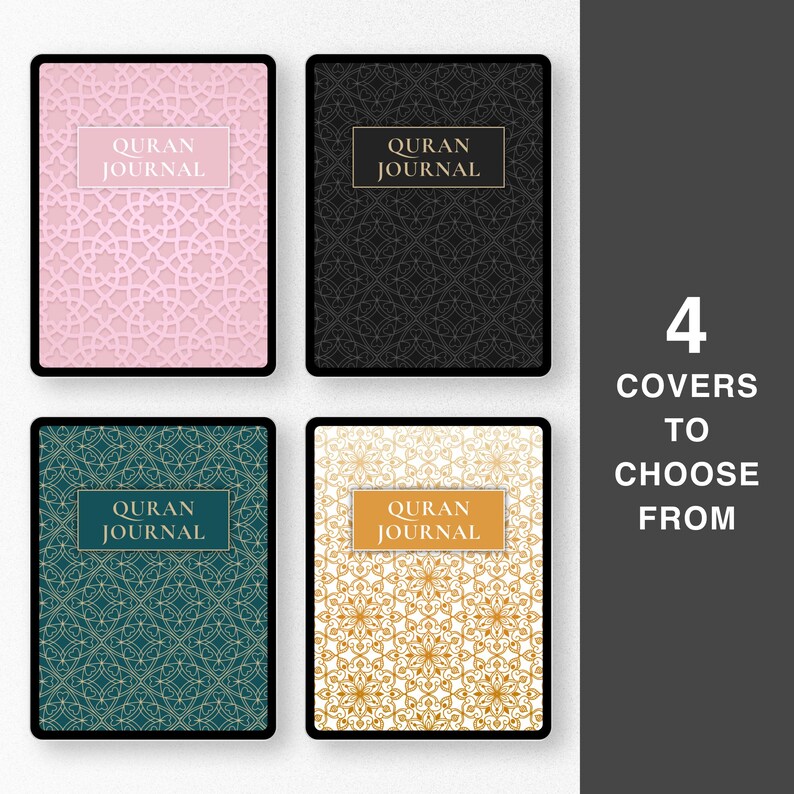 Peut inclure: Quatre designs de couverture diff&eacute;rents pour un journal du Coran. Les couvertures pr&eacute;sentent des motifs g&eacute;om&eacute;triques complexes en rose, noir, vert et or.