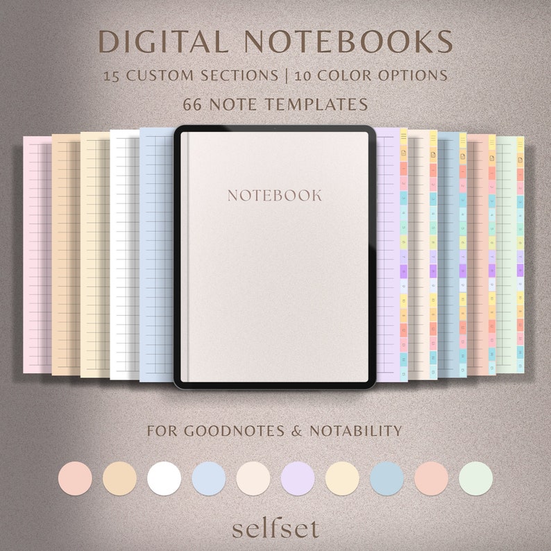 May include: Digital notebook templates for Goodnotes and Notability apps. The image shows a digital notebook with 15 custom sections and 10 color options. The notebook has 66 note templates. The image also shows a variety of color options for the notebook.