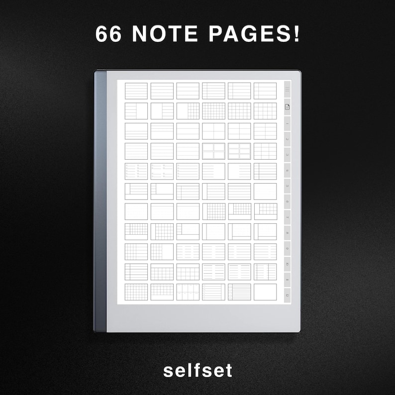 Puede incluir: Un planificador digital con 66 p&aacute;ginas de notas, mostrado en la pantalla de una tableta. Las p&aacute;ginas est&aacute;n llenas de diferentes dise&ntilde;os de cuadr&iacute;cula y l&iacute;neas para tomar notas y organizar.