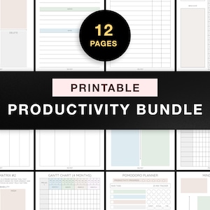 Druckbares Produkt- und Produktiv-Set, Planer mit Ziel und Ziel, Kanban SWOT Meeting Notizen Entscheidungsmatrix Gantt Chart Pomodoro Time Blocking
