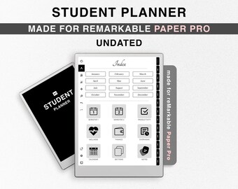 Puede incluir: Un planificador digital en blanco y negro para estudiantes, diseñado para la tableta Remarkable Paper Pro. El planificador incluye secciones para semestres, bienestar, finanzas, resúmenes, calendario, secciones y notas. El planificador no está fechado.