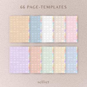 May include: A set of 66 printable page templates for bullet journaling. The templates are in various colors, including beige, light blue, white, light pink, lavender, peach, light green, cream, and light blue. The templates are divided into sections with different grid patterns.
