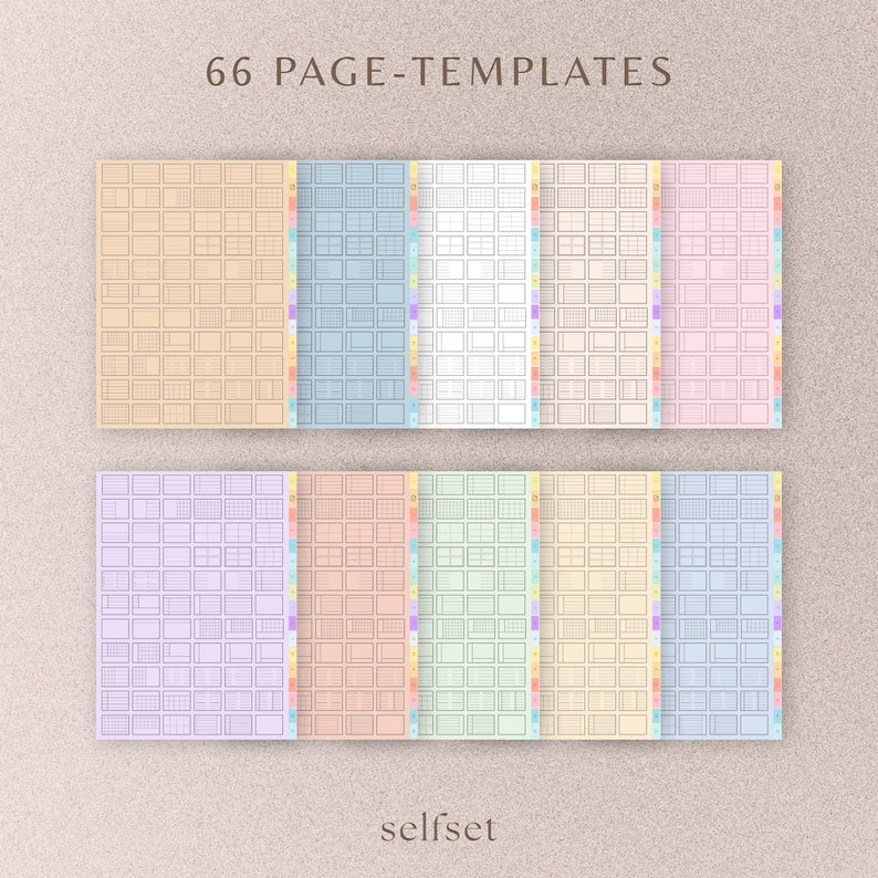 May include: A set of 66 printable page templates for bullet journaling. The templates are in various colors, including beige, light blue, white, light pink, lavender, peach, light green, cream, and light blue. The templates are divided into sections with different grid patterns.