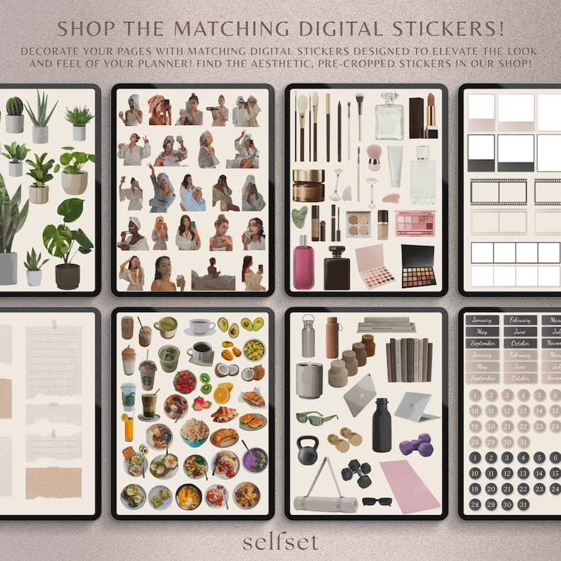 Puede incluir: Un conjunto de pegatinas digitales con varias ilustraciones, incluyendo plantas, maquillaje, comida, equipo de fitness y p&aacute;ginas de calendario. Las pegatinas est&aacute;n dise&ntilde;adas para ser usadas en planificadores y diarios.