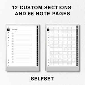 May include: A digital planner template with 12 custom sections and 66 note pages. The template is displayed on a white background.