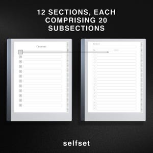 Puede incluir: Un cuaderno blanco con una cubierta gris y un lomo negro. El cuaderno est&aacute; dividido en 12 secciones, cada una con 20 subsecciones. El cuaderno tiene una p&aacute;gina de "Contents" y una p&aacute;gina de "Section 1". El cuaderno est&aacute; etiquetado como "selfset".