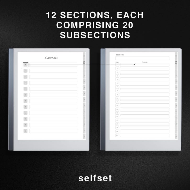 Puede incluir: Un cuaderno blanco con una cubierta gris y un lomo negro. El cuaderno est&aacute; dividido en 12 secciones, cada una con 20 subsecciones. El cuaderno tiene una p&aacute;gina de "Contents" y una p&aacute;gina de "Section 1". El cuaderno est&aacute; etiquetado como "selfset".