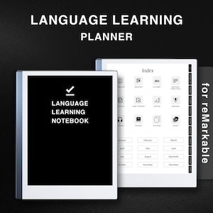 Op de afbeelding: Een Language Learning Notebook en Planner voor reMarkable tablets. Het notitieboek heeft een zwarte kaft met witte tekst en een vinkje. De planner toont een index met pictogrammen en een kalender. De tekst "LANGUAGE LEARNING PLANNER" staat bovenaan.