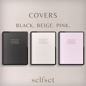 May include: Three notebook covers in black, beige, and pink. Each cover has the text "Language Learning Notebook" printed on it. The word "selfset" is printed below the covers.