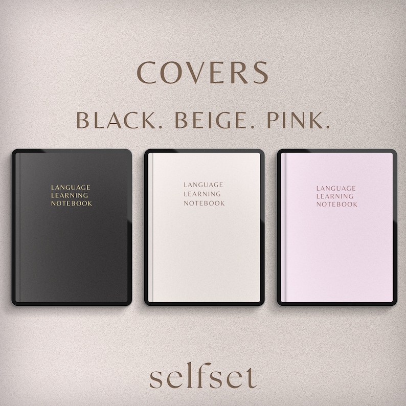 May include: Three notebook covers in black, beige, and pink. Each cover has the text "Language Learning Notebook" printed on it. The word "selfset" is printed below the covers.