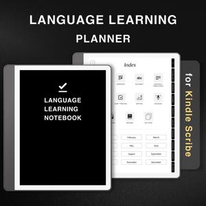 Op de afbeelding: Een digitale taal leerplanner voor Kindle Scribe. De afbeelding toont een zwart-wit notitieboek met de tekst "LANGUAGE LEARNING NOTEBOOK" en een planner met een index en kalender. De tekst "LANGUAGE LEARNING PLANNER" staat bovenaan.