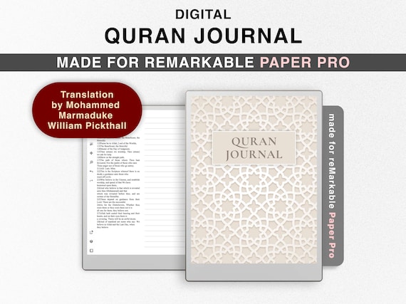Digital Quran Journal for reMarkable Paper Pro, Study Quran, Translation by Mohammed Marmaduke William Pickthall, Ramadan planner Juz Surah
