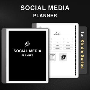 May include: A black and white digital planner for Kindle Scribe with the text "SOCIAL MEDIA PLANNER" and an index for each month of the year.