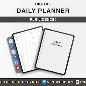 May include: A digital daily planner template displayed on a tablet screen. The template is designed for use with Keynote and PowerPoint. The text "DIGITAL DAILY PLANNER" and "PLR LICENCE!" is displayed at the top of the image. The text "SOURCE FILES FOR KEYNOTE & POWERPOINT INCLUDED" is displayed at the bottom of the image.