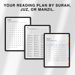 May include: Three digital tablets displaying reading plans by Surah, Juz, or Manzil. The tablets show lists of numbers and text, with the title "YOUR READING PLAN BY SURAH, JUZ, OR MANZIL."