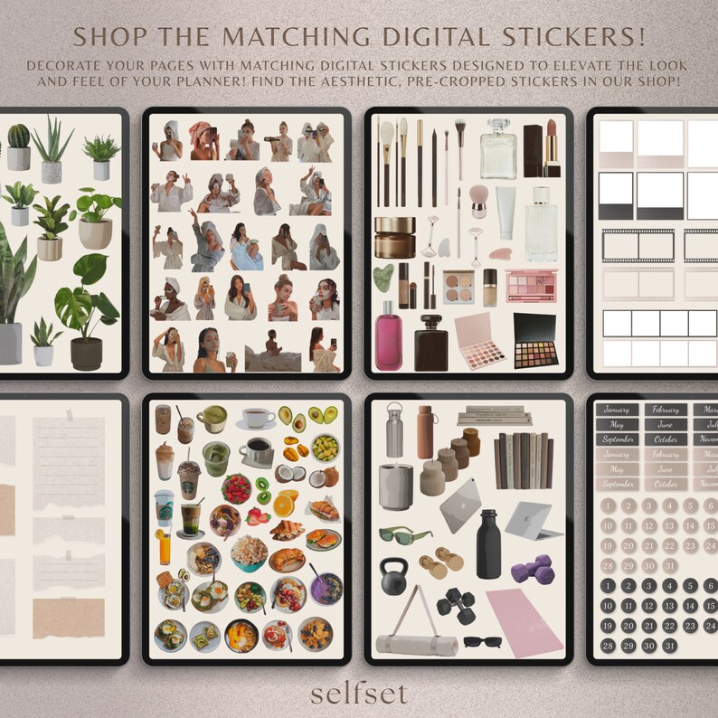 May include: A digital sticker set featuring various illustrations, including plants, makeup, food, fitness equipment, and calendar pages. The stickers are designed to be used in planners and journals.
