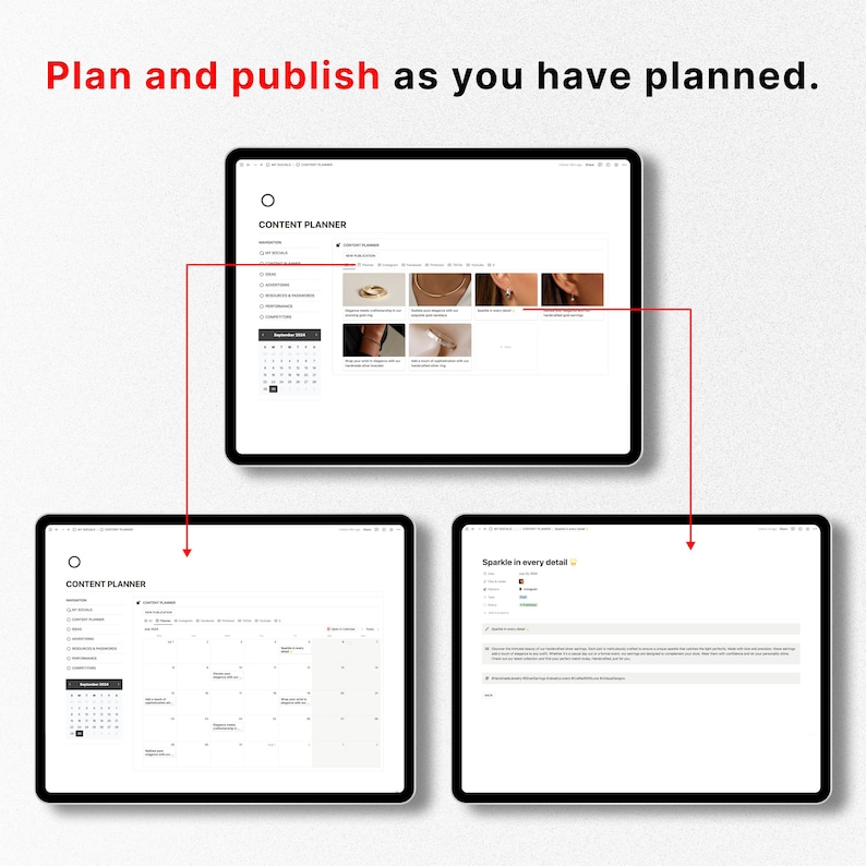 Puede incluir: Una captura de pantalla de una computadora que muestra una herramienta de planificaci&oacute;n de contenido. La herramienta tiene una vista de calendario y una lista de ideas de contenido. Las ideas de contenido incluyen im&aacute;genes de joyas, como anillos, collares y aretes. El texto "Sparkle in every detail" es visible en la esquina superior derecha de la pantalla.