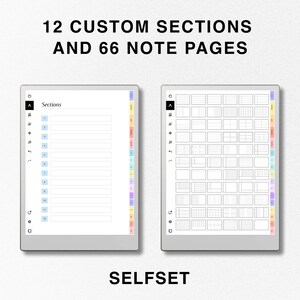 May include: A digital planner with 12 custom sections and 66 note pages. The planner is displayed on a computer screen with a white background. The planner has a light gray interface with a black header that says "Sections". The planner has a colorful sidebar with different colors for each section.