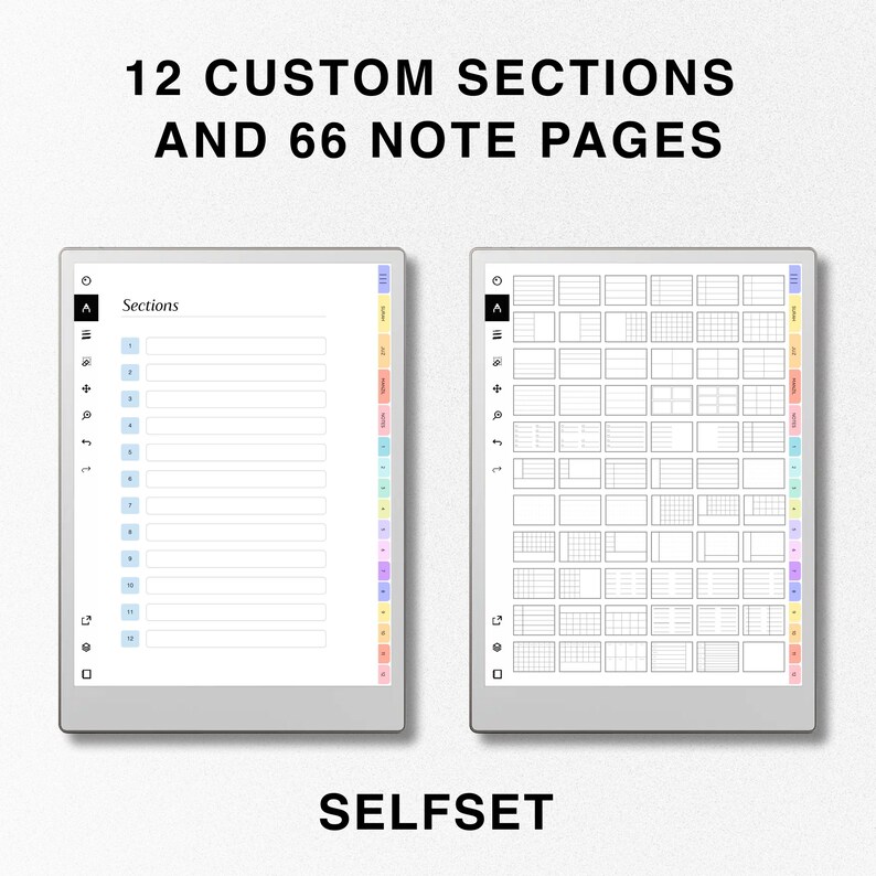 May include: A digital planner with 12 custom sections and 66 note pages. The planner is displayed on a computer screen with a white background. The planner has a light gray interface with a black header that says "Sections". The planner has a colorful sidebar with different colors for each section.