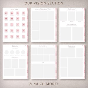 May include: A printable wedding planning checklist with sections for the bride's vision, makeup and hair, look, colors, food and drink, centerpieces, and more.
