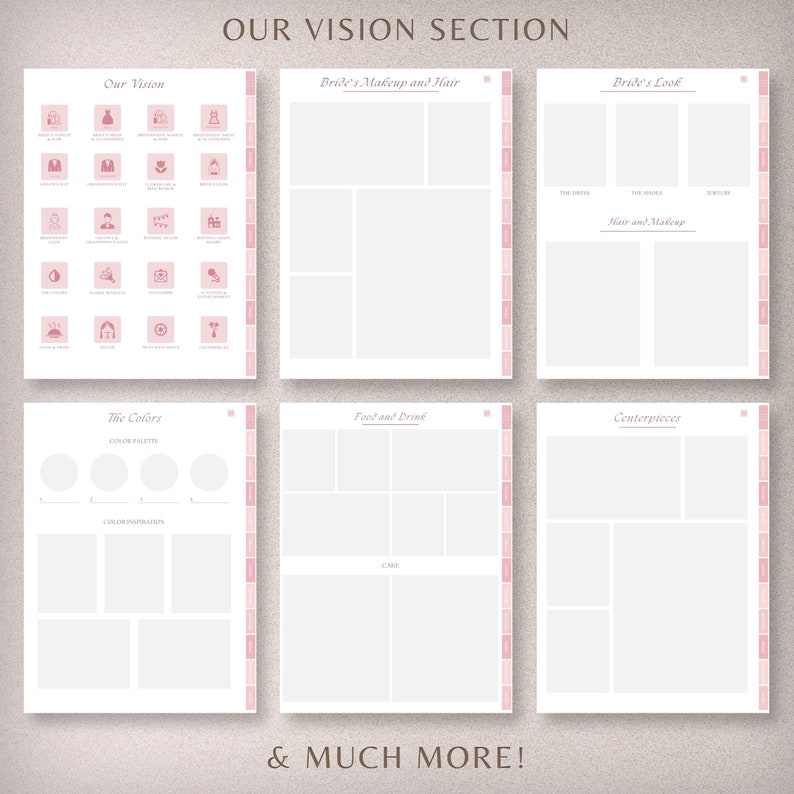 May include: A printable wedding planning checklist with sections for the bride's vision, makeup and hair, look, colors, food and drink, centerpieces, and more.