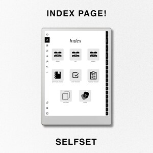 May include: A black and white image of a digital e-reader displaying an index page with the title "Index". The index page has icons for "Quran", "Juz", "Manzil", "Gratitude Journal", "Habit Tracker", "Reading Tracker", "Sections", and "Notes". The e-reader is labeled "SELFSET" at the bottom.