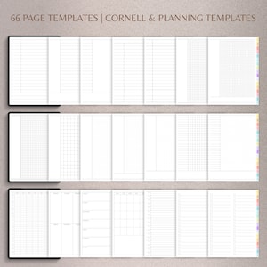 May include: 66 printable page templates for note-taking and planning. The templates include lined paper, grid paper, Cornell note-taking pages, and weekly planner pages.