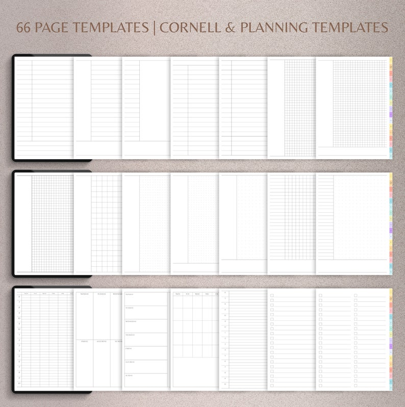 May include: 66 printable page templates for note-taking and planning. The templates include lined paper, grid paper, Cornell note-taking pages, and weekly planner pages.