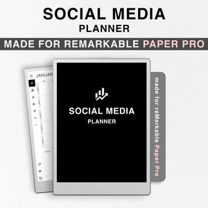 Puede incluir: Un planificador digital en blanco y negro para redes sociales, con el texto "SOCIAL MEDIA PLANNER" y un icono de gráfico. El planificador está hecho para el reMarkable Paper Pro.