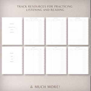 May include: A printable planner page with a white background and black text. The page is divided into sections for tracking resources for practicing listening and reading. The sections include: "Movies & TV Series", "Podcasts", "Audiobooks", "Books", "News", and "Magazines".