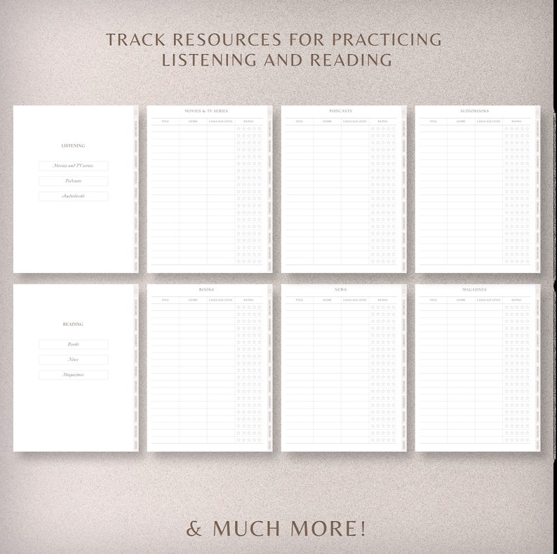 May include: A printable planner page with a white background and black text. The page is divided into sections for tracking resources for practicing listening and reading. The sections include: "Movies & TV Series", "Podcasts", "Audiobooks", "Books", "News", and "Magazines".