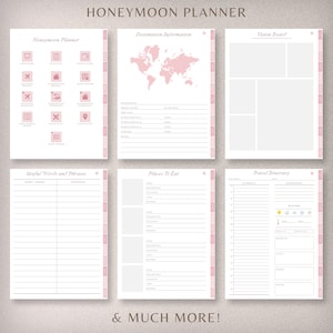May include: A printable honeymoon planner with sections for destination information, a vision board, useful words and phrases, places to eat, and a travel itinerary. The planner has a pink and white color scheme.
