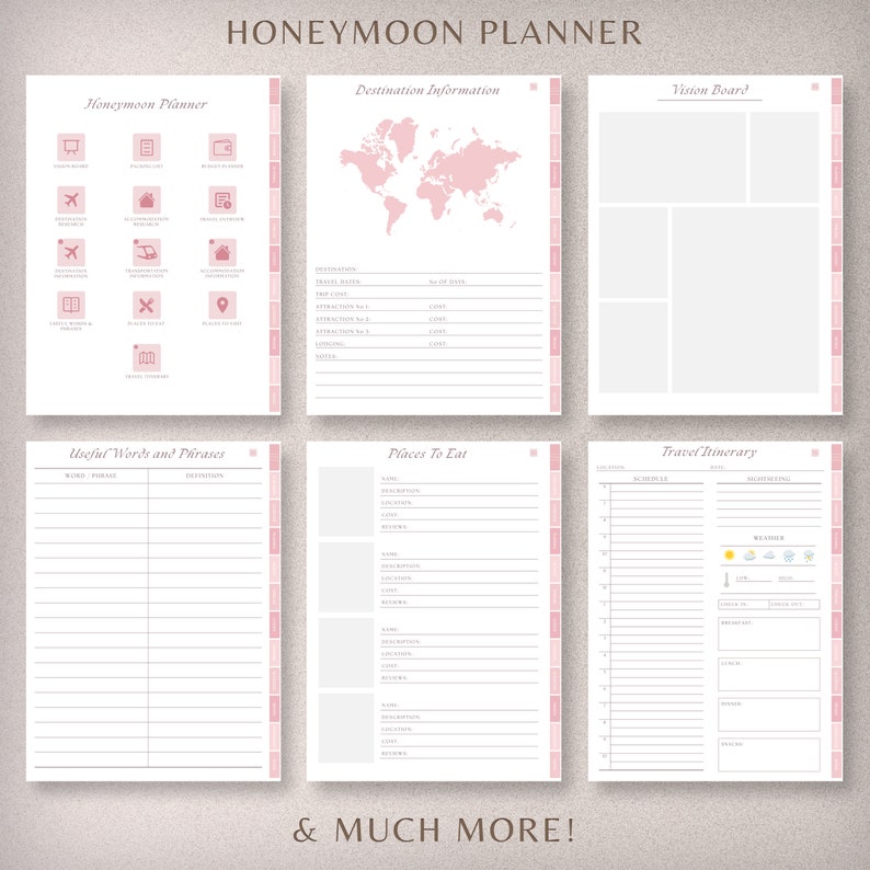 May include: A printable honeymoon planner with sections for destination information, a vision board, useful words and phrases, places to eat, and a travel itinerary. The planner has a pink and white color scheme.