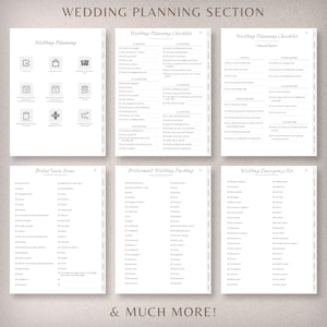 May include: A printable wedding planning checklist with sections for 12 months before the wedding, 1 month before, 2 weeks before, 1 week before, and the day before. The checklist includes tasks such as booking the venue, sending save-the-dates, ordering invitations, and creating a seating chart. There are also sections for bridal suite items, bridesmaid wedding packing, and a wedding emergency kit.