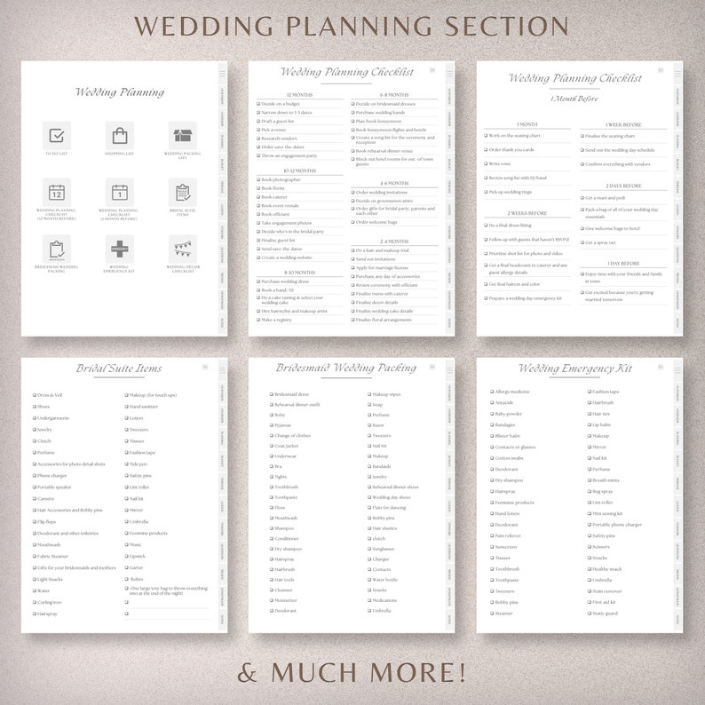 May include: A printable wedding planning checklist with sections for 12 months before the wedding, 1 month before, 2 weeks before, 1 week before, and the day before. The checklist includes tasks such as booking the venue, sending save-the-dates, ordering invitations, and creating a seating chart. There are also sections for bridal suite items, bridesmaid wedding packing, and a wedding emergency kit.