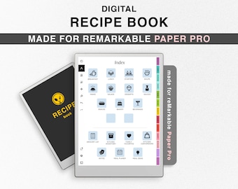 May include: A digital recipe book designed for the reMarkable Paper Pro tablet. The screen shows a table of contents with categories for breakfast, lunch, dinner, snacks, and more. The tablet is white with a black screen and a black border. The text "Index" is displayed at the top of the screen.