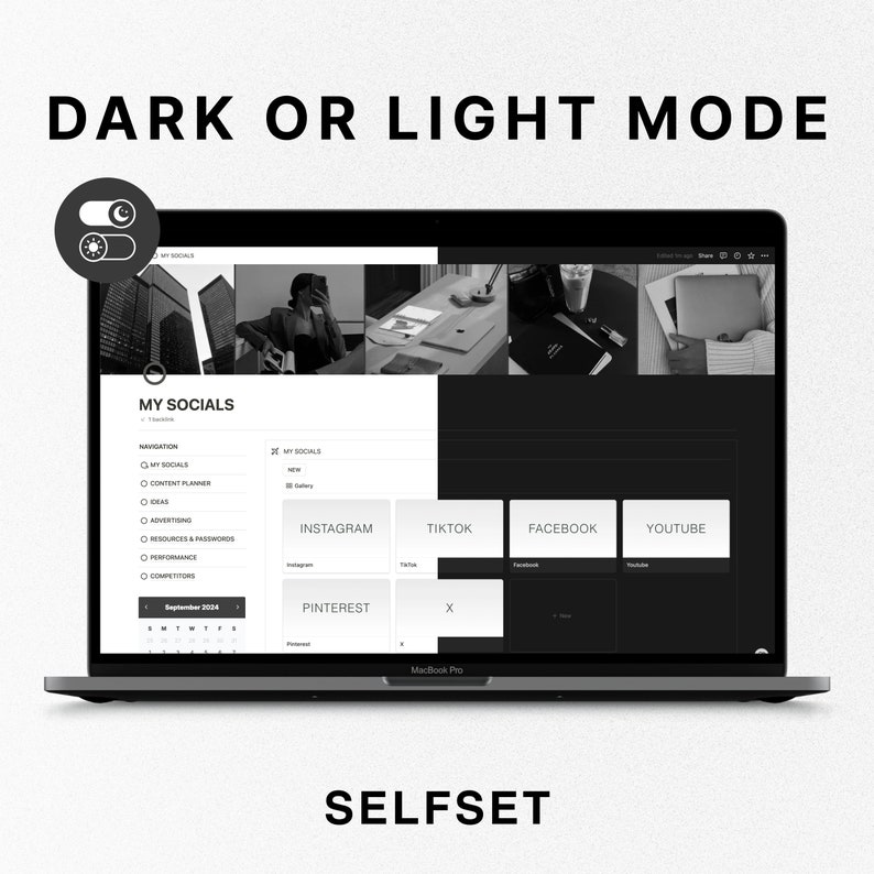 Puede incluir: Una pantalla de computadora port&aacute;til que muestra un sitio web con un tema de modo oscuro. El sitio web se titula "My Socials" y presenta un calendario, una lista de plataformas de redes sociales y un men&uacute; de navegaci&oacute;n. El sitio web est&aacute; dise&ntilde;ado para administrar cuentas de redes sociales.
